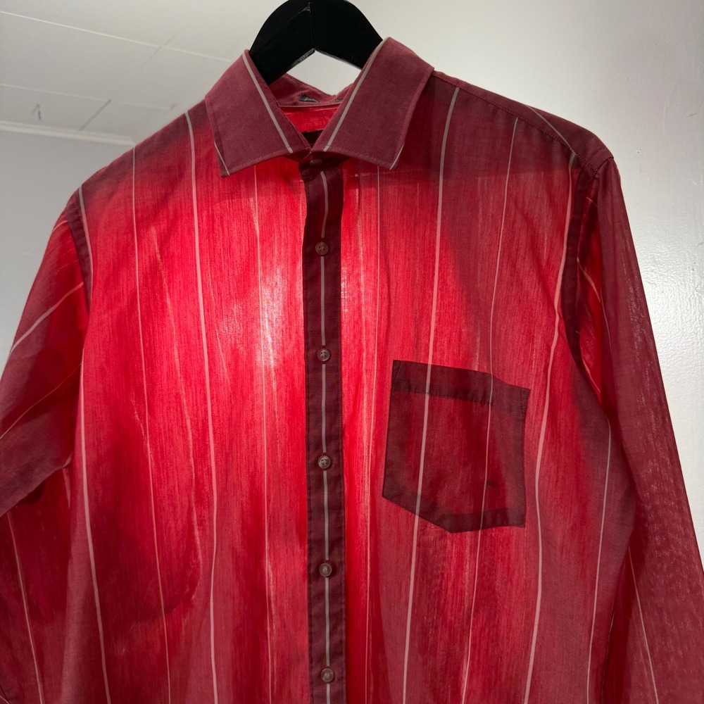 Vintage Van Heusen Button Shirt Mens 16 34-35 Red Pinstripe Rockabilly 70s 80s